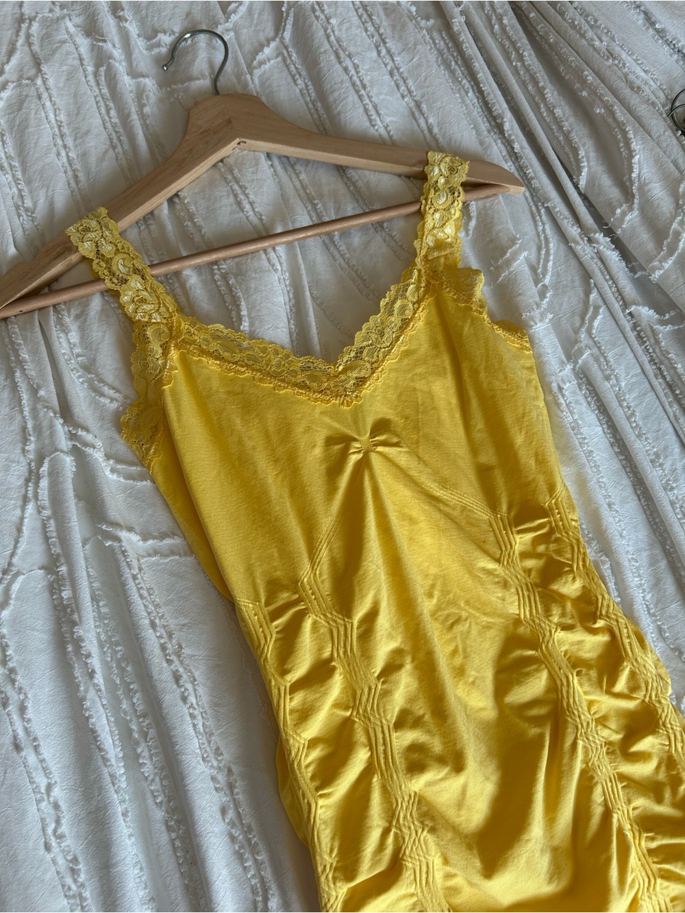 Stretchy Lace-Trim Soft Sun Yellow Ruched Cami Sleep Tank Top Medium - Kismet